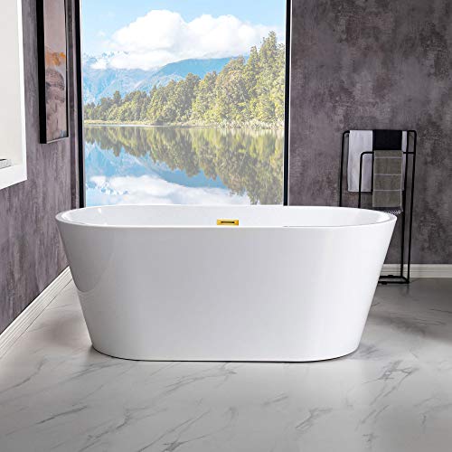 WOODBRIDGE 59" Acrylic Freestanding Bathtub Contemporary Soaking White Tub with Brushed Nickel Overflow and Drain,B0014 -B/N-Drain &O