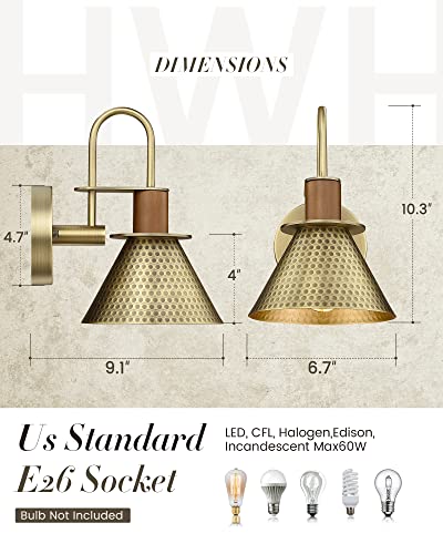 Modern Wall Sconces Set of Two, HWH Industrial Sconce Wall Lighting Indoor Wall Lamp, Gooseneck 1-Light Barn Vanity Light, Hammered Metal Shade, Black and Gold Finish, 5HZG74B-2 BK+BG