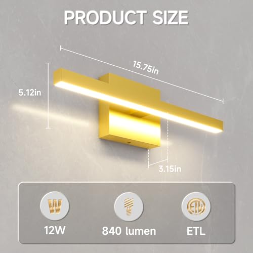 VOLISUN Modern Bathroom Vanity Light 15.7 inch, 12W Dimmable 5CCT Led Bathroom Light Fixture Over Mirror, Black Bar Vanity Light for Bathroom Mirror Restroom-ETL Certificated