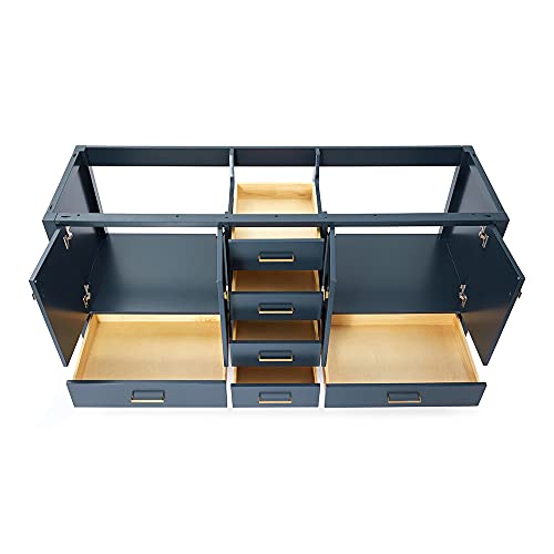 ARIEL 72" Midnight Blue Double Bathroom Vanity Base Cabinet, Double Sink Configuration, 2 Soft Closing Doors, 9 Full Extension Dovetail Drawers, Satin Brass
