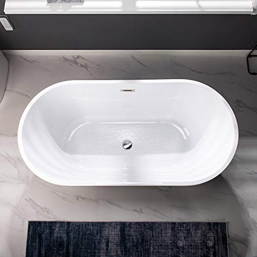 WOODBRIDGE 59" Acrylic Freestanding Bathtub Contemporary Soaking White Tub with Brushed Nickel Overflow and Drain,B0014 -B/N-Drain &O