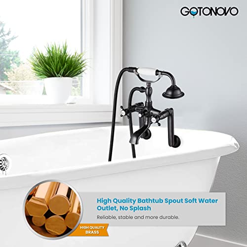 gotonovo Bathtub Clawfoot Faucet Brushed Nickel Finish Wall Mount Tub Filler with Hand Held Shower Faucet 2 Cross Handles with Tub Spout Victorian Vintage Telephone Style