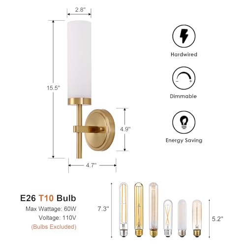 Gold Wall Sconces Set of 2, Modern Bathroom Sconces Wall Lighting Vanity Light Fixtures with Clear Glass, Brushed Brass Wall Mount Lights for Living Room Corridor Mirror Bedroom Stairs