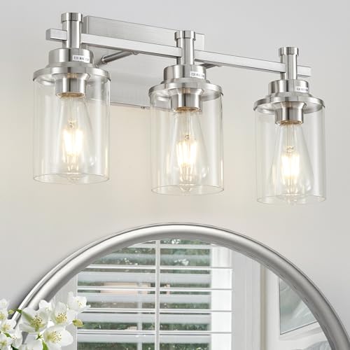 3 Light Bathroom Light Fixtures, Black and Brushed Gold Vanity Light Fixture Over Mirror, Modern Wall Sconces Lighting Wall Lamp for Bathroom, Bedroom, Hallway with Clear Glass Shade