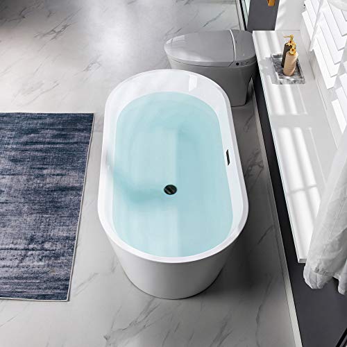 WOODBRIDGE 59" Acrylic Freestanding Bathtub Contemporary Soaking White Tub with Brushed Nickel Overflow and Drain,B0014 -B/N-Drain &O