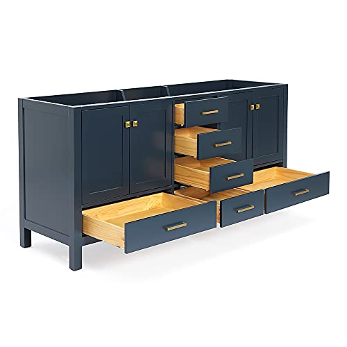 ARIEL 72" Midnight Blue Double Bathroom Vanity Base Cabinet, Double Sink Configuration, 2 Soft Closing Doors, 9 Full Extension Dovetail Drawers, Satin Brass