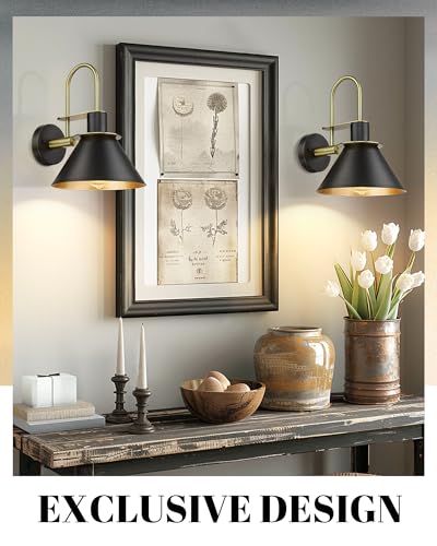 Modern Wall Sconces Set of Two, HWH Industrial Sconce Wall Lighting Indoor Wall Lamp, Gooseneck 1-Light Barn Vanity Light, Hammered Metal Shade, Black and Gold Finish, 5HZG74B-2 BK+BG