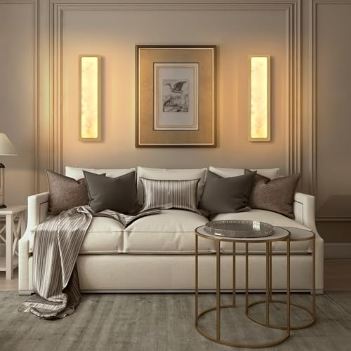 Modern Alabaster Wall Sconces Set of Two, 20" Gold Bathroom Sconces Wall Lighting Brass Sconce Vanity Light Indoor Natural Marble Wall Lights for Living Room, Dining Room, Bedroom, Stairs, Foyer