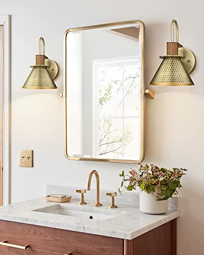 Modern Wall Sconces Set of Two, HWH Industrial Sconce Wall Lighting Indoor Wall Lamp, Gooseneck 1-Light Barn Vanity Light, Hammered Metal Shade, Black and Gold Finish, 5HZG74B-2 BK+BG
