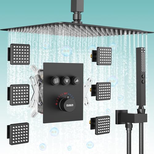 Gold Shower System, 12 Inch Shower Jets System Rain Shower Wall Mounted Body Spray Shower Faucet with Handheld and 6 Shower Jets Thermostatic Valve Body Can Use All Together-Brushed Gold