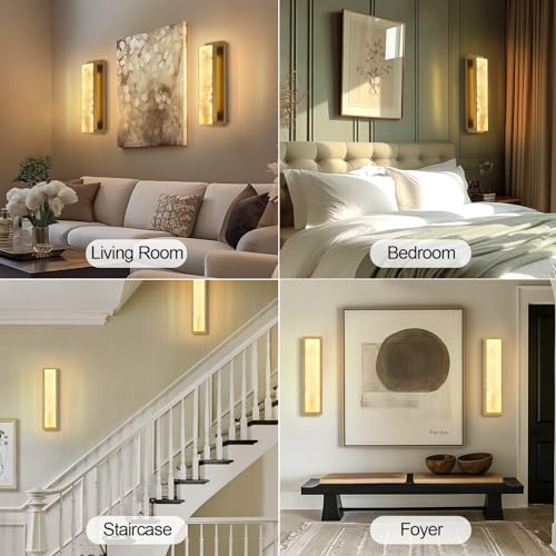 Modern Alabaster Wall Sconces Set of Two, 20" Gold Bathroom Sconces Wall Lighting Brass Sconce Vanity Light Indoor Natural Marble Wall Lights for Living Room, Dining Room, Bedroom, Stairs, Foyer