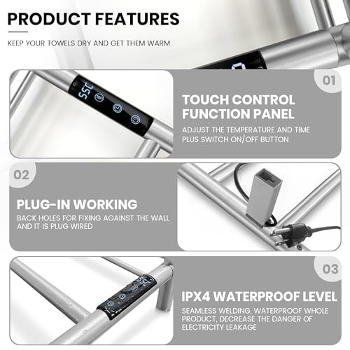 Towel Warmer Wall Mounted with 3 Electric Stainless Steel Heated Bars, Hot Towel Rack for Bathroom, Plug-in BathTowel Heater with Built-in Timer, Brushed Gold