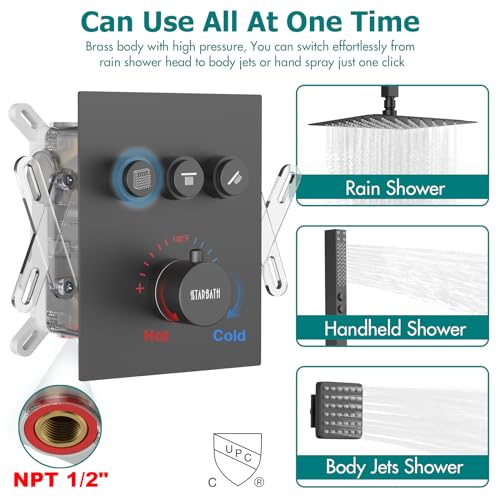 Gold Shower System, 12 Inch Shower Jets System Rain Shower Wall Mounted Body Spray Shower Faucet with Handheld and 6 Shower Jets Thermostatic Valve Body Can Use All Together-Brushed Gold