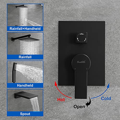 SHAMANDA Shower System with Waterfall Tub Spout and Handheld Shower Head, 12" Rain Shower Faucet Sets Complete with Shower Round-in Valve and Trim Wall Mount, Brushed Gold, L101-3