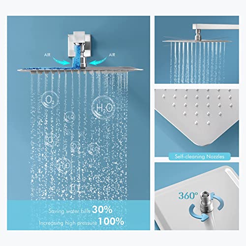 Matte Black Shower System, Shower Faucet Set with 3 Way Pressure Balance Valve and Trim Kit All Metal 10 Inch Rainfall Shower Head System Wall Mounted Can Use All Faucets At Same Time