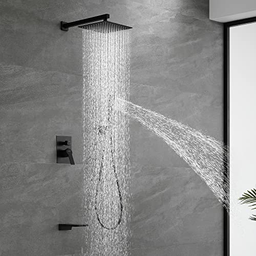 SHAMANDA Shower System with Waterfall Tub Spout and Handheld Shower Head, 12" Rain Shower Faucet Sets Complete with Shower Round-in Valve and Trim Wall Mount, Brushed Gold, L101-3