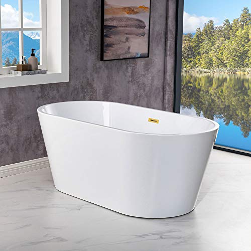WOODBRIDGE 59" Acrylic Freestanding Bathtub Contemporary Soaking White Tub with Brushed Nickel Overflow and Drain,B0014 -B/N-Drain &O