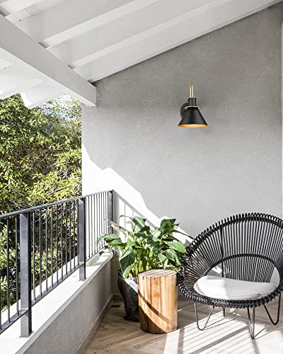 Modern Wall Sconces Set of Two, HWH Industrial Sconce Wall Lighting Indoor Wall Lamp, Gooseneck 1-Light Barn Vanity Light, Hammered Metal Shade, Black and Gold Finish, 5HZG74B-2 BK+BG