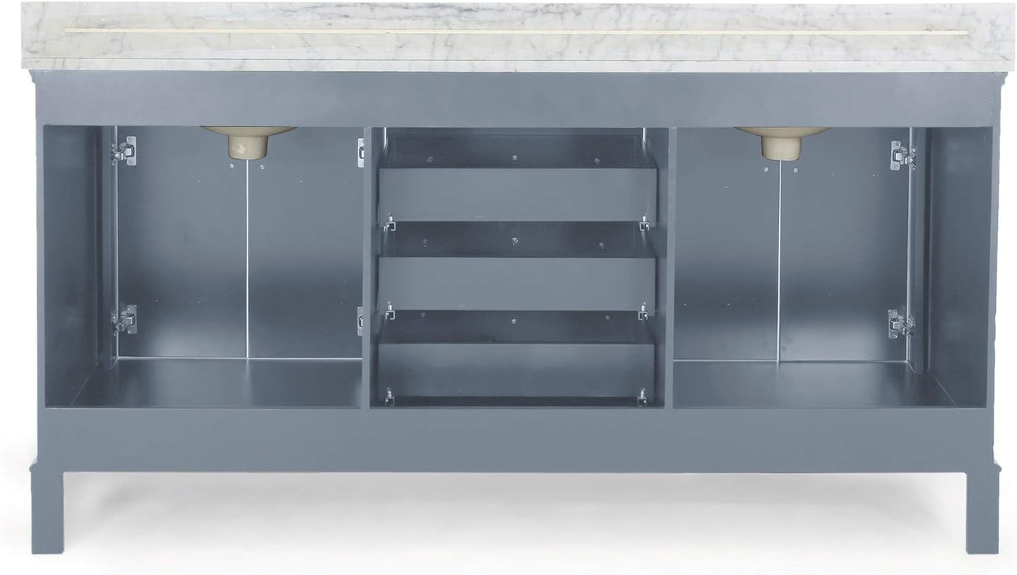 LUMISOL 72" Double Sink Bathroom Vanity with Marble Top, Solid Wood Bathroom Vanity with 3 Drawers and 4 Doors, Italian Carrara Bathroom Vanities with Double Ceramic Sink Set & Backsplash, White