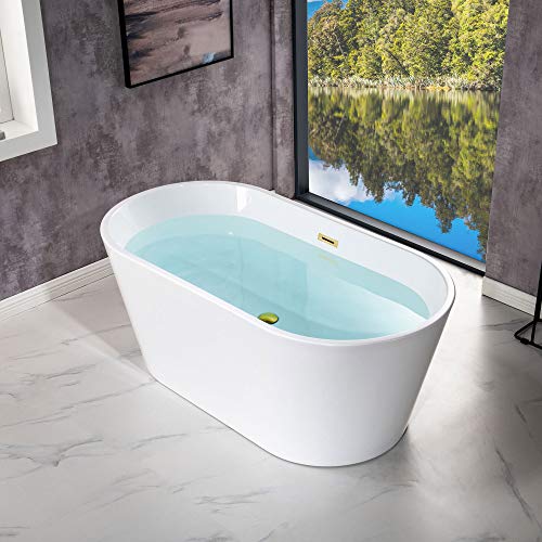 WOODBRIDGE 59" Acrylic Freestanding Bathtub Contemporary Soaking White Tub with Brushed Nickel Overflow and Drain,B0014 -B/N-Drain &O