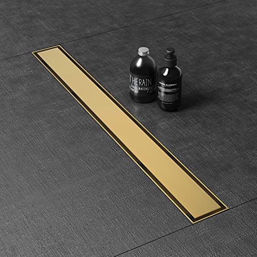 24 Inch Shower Linear Gold Drain Rectangular Floor Drain with Accessories Reversible 2-in-1 Cover Tile Insert Grate Removable SUS304 Stainless Steel CUPC Certified Brushed Gold