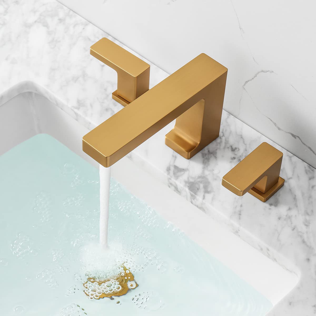 Bathroom Faucet Brushed Gold, 2 Handle 3 Holes 8 inch Widespread Bathroom Sink Faucet with 360 Degree Swivel Spout, Pop-Up Drain Assembly and Water Supply Lines (Brushed Gold)