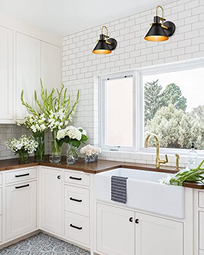 Modern Wall Sconces Set of Two, HWH Industrial Sconce Wall Lighting Indoor Wall Lamp, Gooseneck 1-Light Barn Vanity Light, Hammered Metal Shade, Black and Gold Finish, 5HZG74B-2 BK+BG