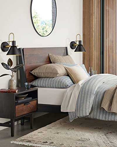 Modern Wall Sconces Set of Two, HWH Industrial Sconce Wall Lighting Indoor Wall Lamp, Gooseneck 1-Light Barn Vanity Light, Hammered Metal Shade, Black and Gold Finish, 5HZG74B-2 BK+BG