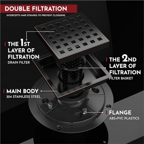 6 Inch Square Shower Floor Drain with Flange,Quadrato Pattern Grate Removable,Food-grade SUS 304 Stainless Steel,WATERMARK&CUPC Certified, Brushed Gold