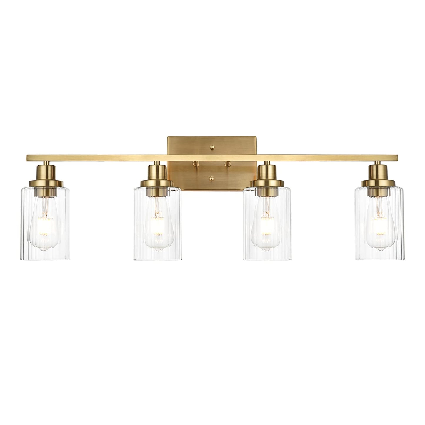 Jonsi Gold Bathroom Vanity Lights, 4 Light Brushed Gold Bathroom Light Fixtures with Fluted Glass Shade, Modern Gold Bathroom lights Over Mirror,Vanity Lighting Fixtures,31.1" W x 10.7" H