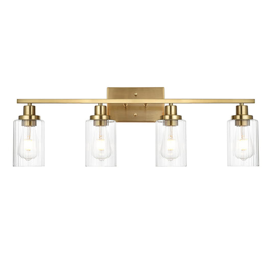 Jonsi Gold Bathroom Vanity Lights, 4 Light Brushed Gold Bathroom Light Fixtures with Fluted Glass Shade, Modern Gold Bathroom lights Over Mirror,Vanity Lighting Fixtures,31.1" W x 10.7" H