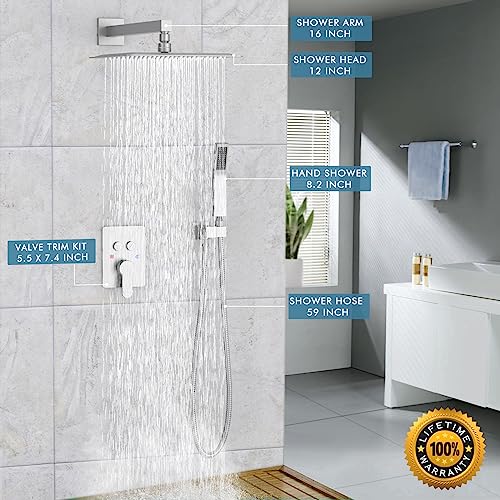 Matte Black Shower System, Shower Faucet Set with 3 Way Pressure Balance Valve and Trim Kit All Metal 10 Inch Rainfall Shower Head System Wall Mounted Can Use All Faucets At Same Time