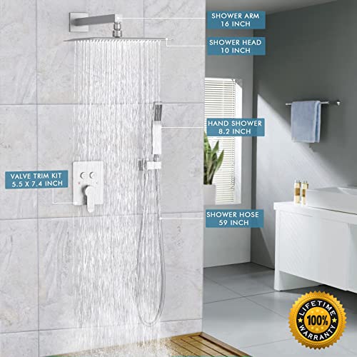 Matte Black Shower System, Shower Faucet Set with 3 Way Pressure Balance Valve and Trim Kit All Metal 10 Inch Rainfall Shower Head System Wall Mounted Can Use All Faucets At Same Time
