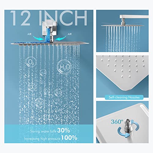Matte Black Shower System, Shower Faucet Set with 3 Way Pressure Balance Valve and Trim Kit All Metal 10 Inch Rainfall Shower Head System Wall Mounted Can Use All Faucets At Same Time