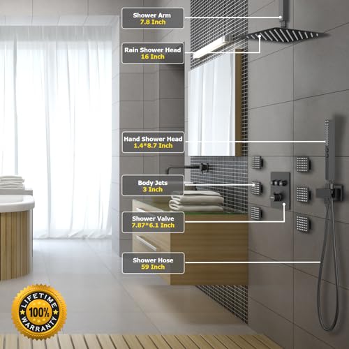 Gold Shower System, 12 Inch Shower Jets System Rain Shower Wall Mounted Body Spray Shower Faucet with Handheld and 6 Shower Jets Thermostatic Valve Body Can Use All Together-Brushed Gold