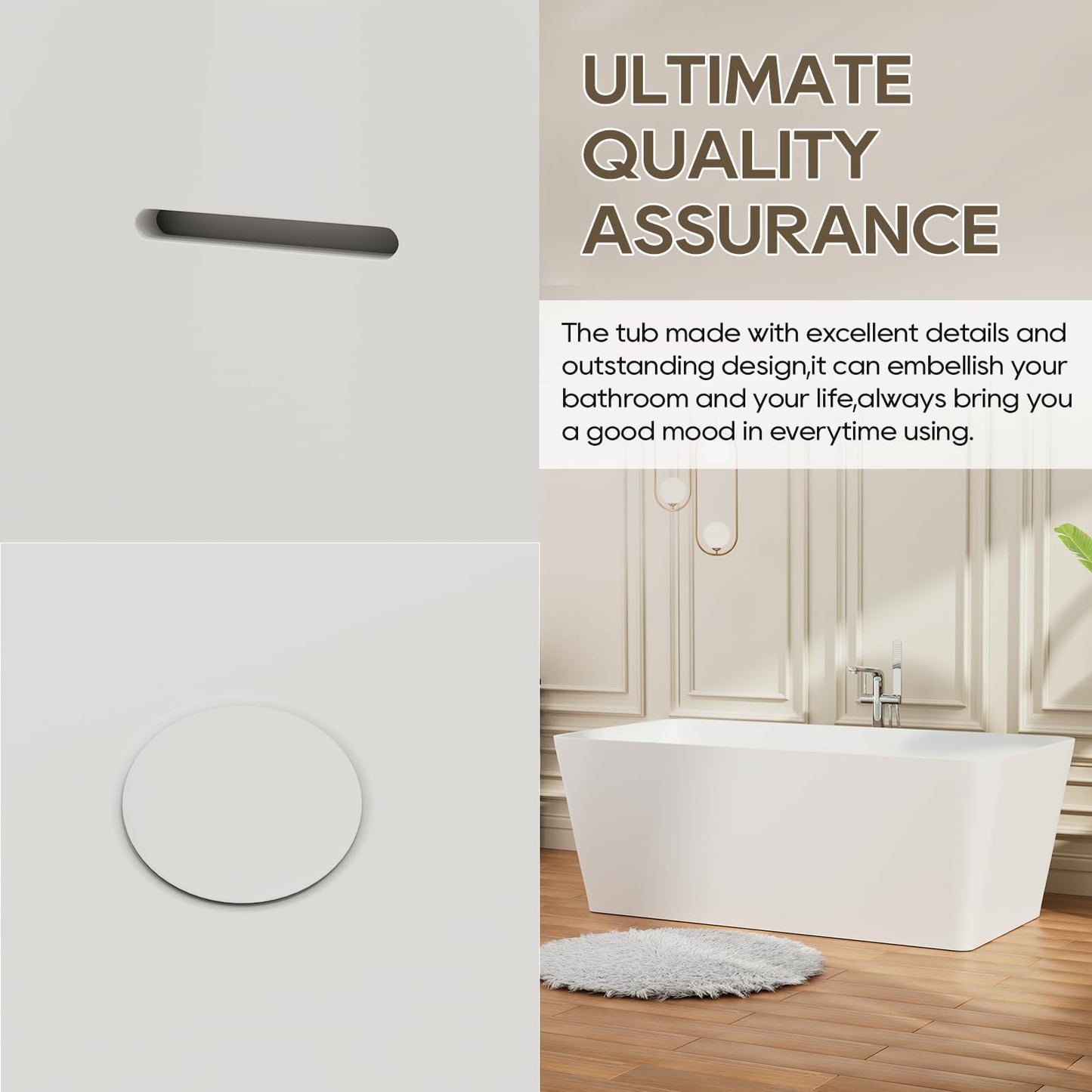 Freestanding Solid Surface Resin Stone Bathtub, Contemporary Design Stand Alone Tub with Pop-up Drain and Overflow, cUPC Certified (PO1041)