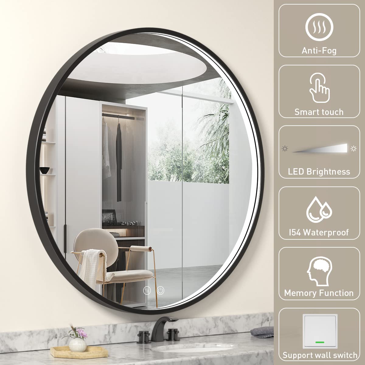LED Round Mirror,36 Inch Gold Frame Bathroom Mirror with Light,6000K Lighted Vanity Mirror,Wall Mounted,Anti-Fog & Dimmable Touch Switch, Waterproof IP54