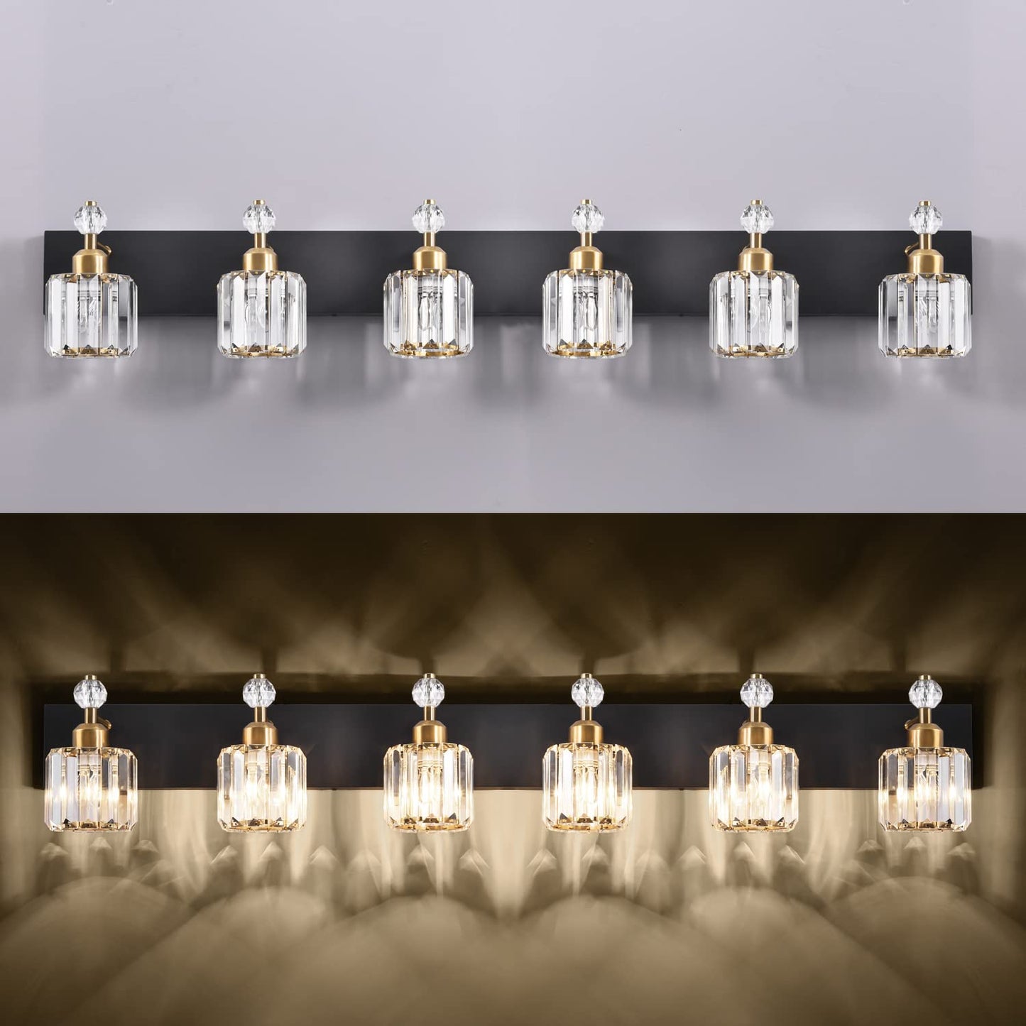 PRESDE Black Gold Crystal Bathroom Vanity Lights Fixtures Over Mirror Modern 3 Light Bath Wall Lighting
