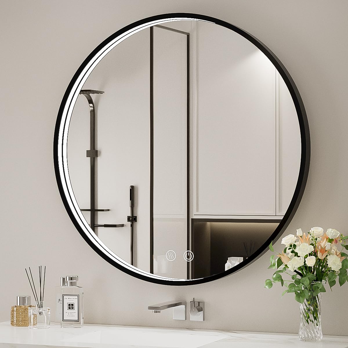 LED Round Mirror,36 Inch Gold Frame Bathroom Mirror with Light,6000K Lighted Vanity Mirror,Wall Mounted,Anti-Fog & Dimmable Touch Switch, Waterproof IP54