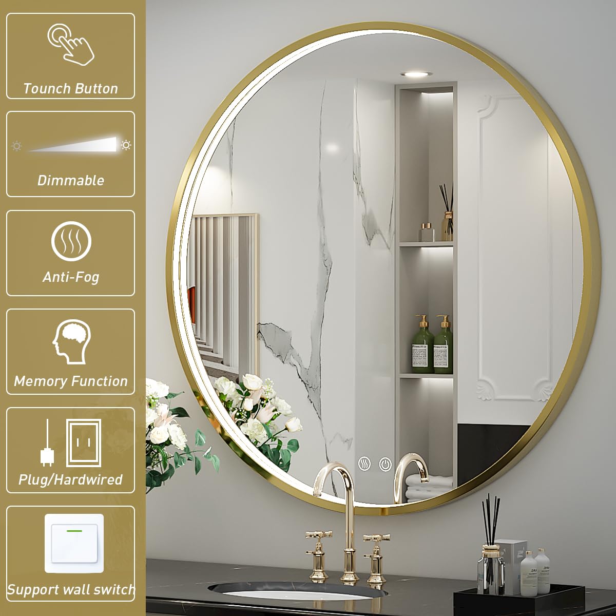 LED Round Mirror,36 Inch Gold Frame Bathroom Mirror with Light,6000K Lighted Vanity Mirror,Wall Mounted,Anti-Fog & Dimmable Touch Switch, Waterproof IP54
