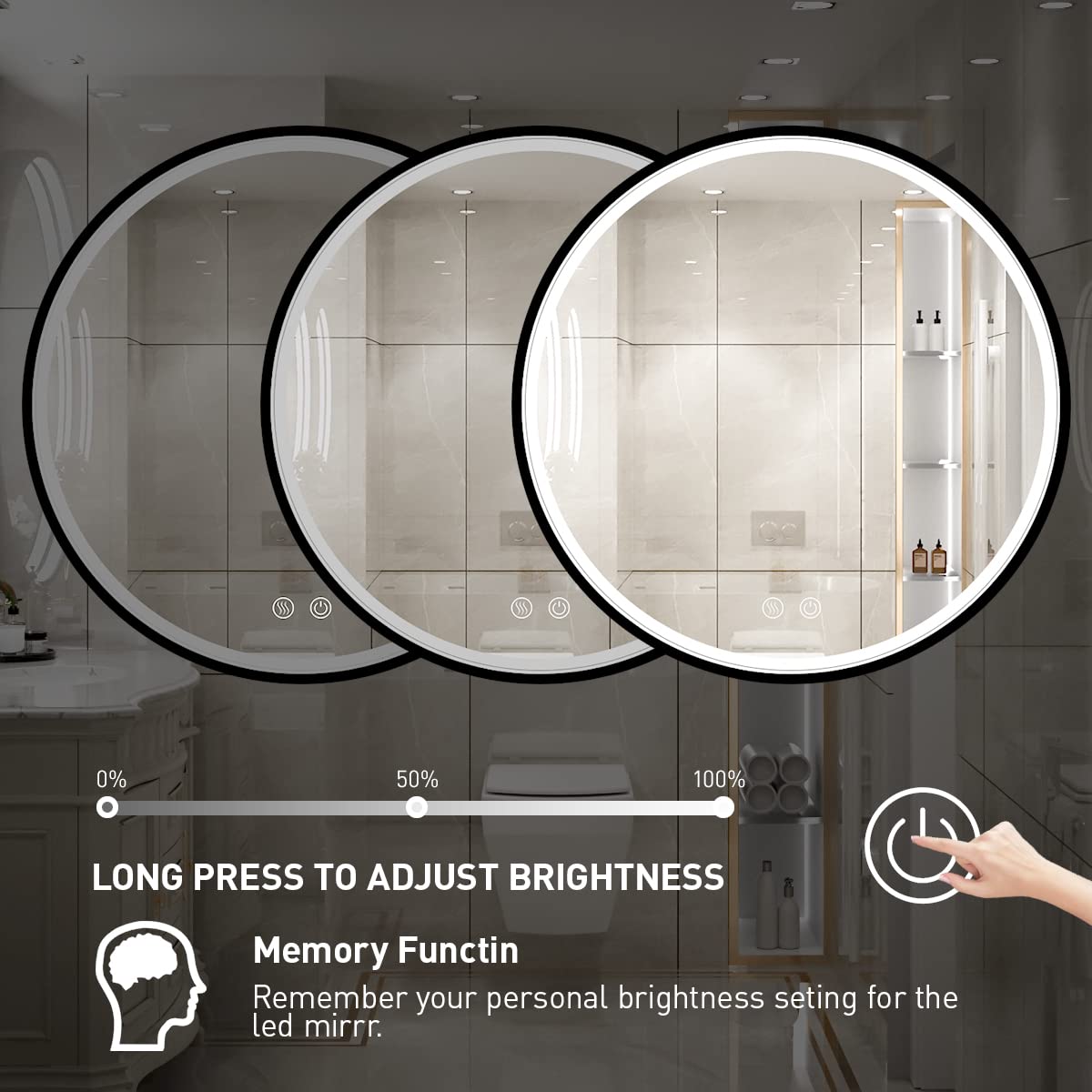 LED Round Mirror,36 Inch Gold Frame Bathroom Mirror with Light,6000K Lighted Vanity Mirror,Wall Mounted,Anti-Fog & Dimmable Touch Switch, Waterproof IP54