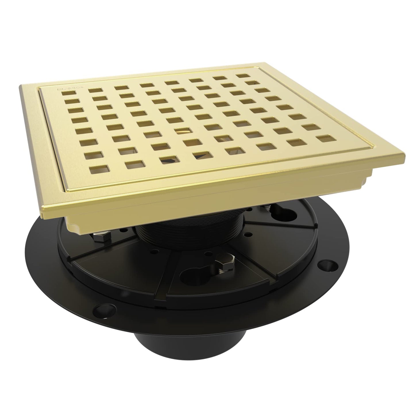 6 Inch Square Shower Floor Drain with Flange,Quadrato Pattern Grate Removable,Food-grade SUS 304 Stainless Steel,WATERMARK&CUPC Certified, Brushed Gold