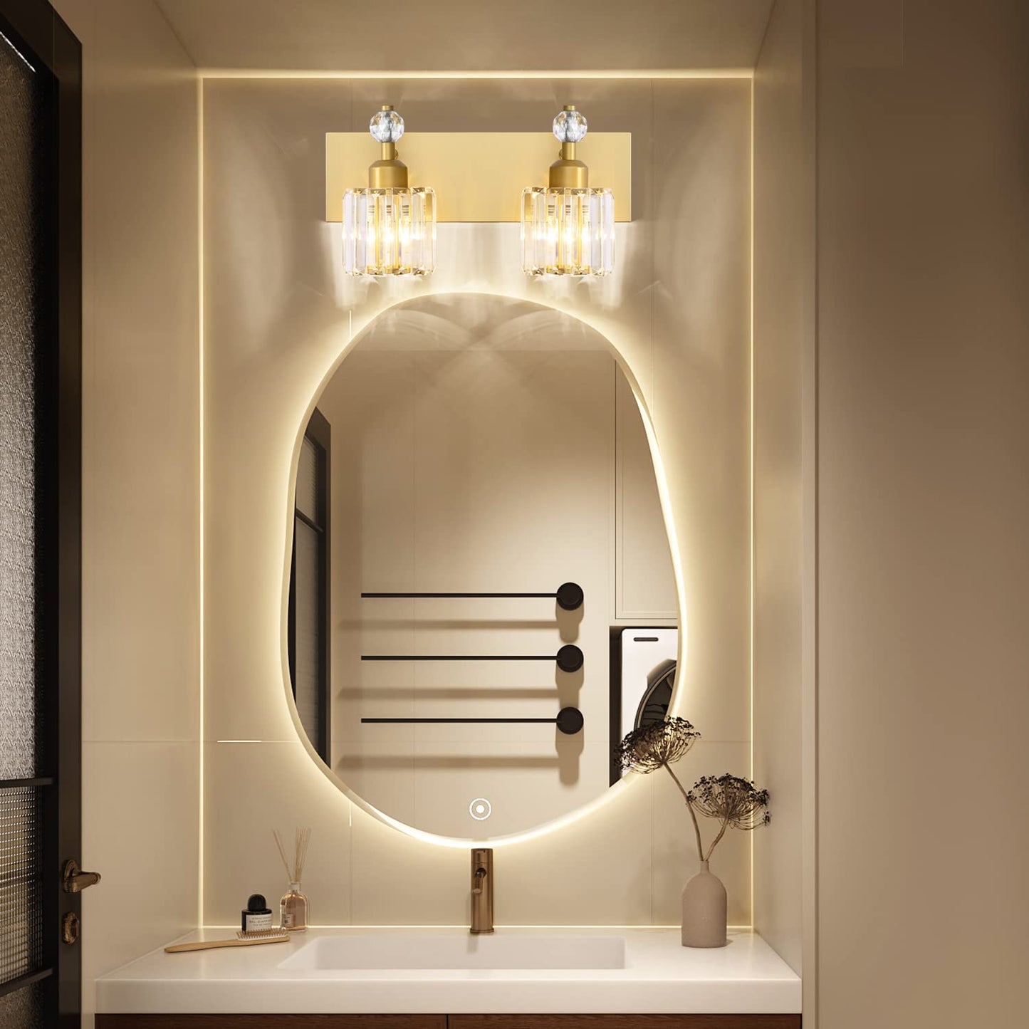 PRESDE Black Gold Crystal Bathroom Vanity Lights Fixtures Over Mirror Modern 3 Light Bath Wall Lighting