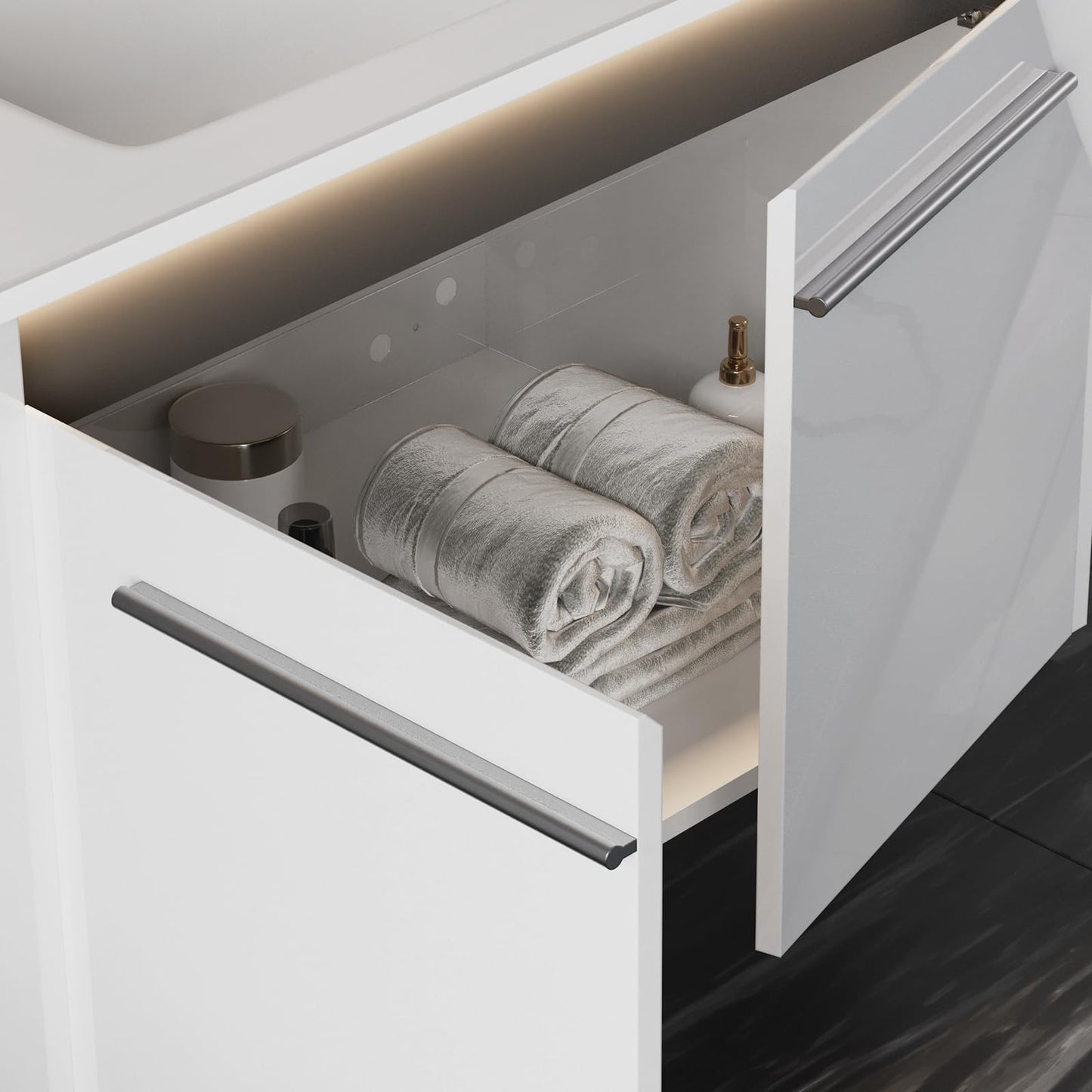 AMERLIFE 31" LED Floating Bathroom Vanity with Sink, High Gloss Single Sink Wall Mounted Bathroom Storage Vanity Cabinet, Modern Bathroom Sink Cabinet with Metal Handles, White
