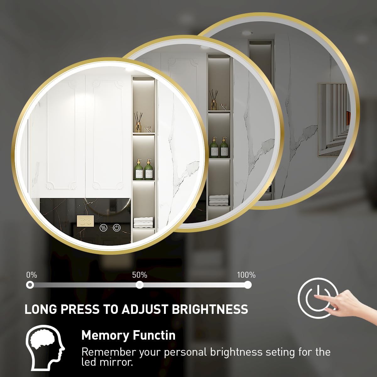 LED Round Mirror,36 Inch Gold Frame Bathroom Mirror with Light,6000K Lighted Vanity Mirror,Wall Mounted,Anti-Fog & Dimmable Touch Switch, Waterproof IP54