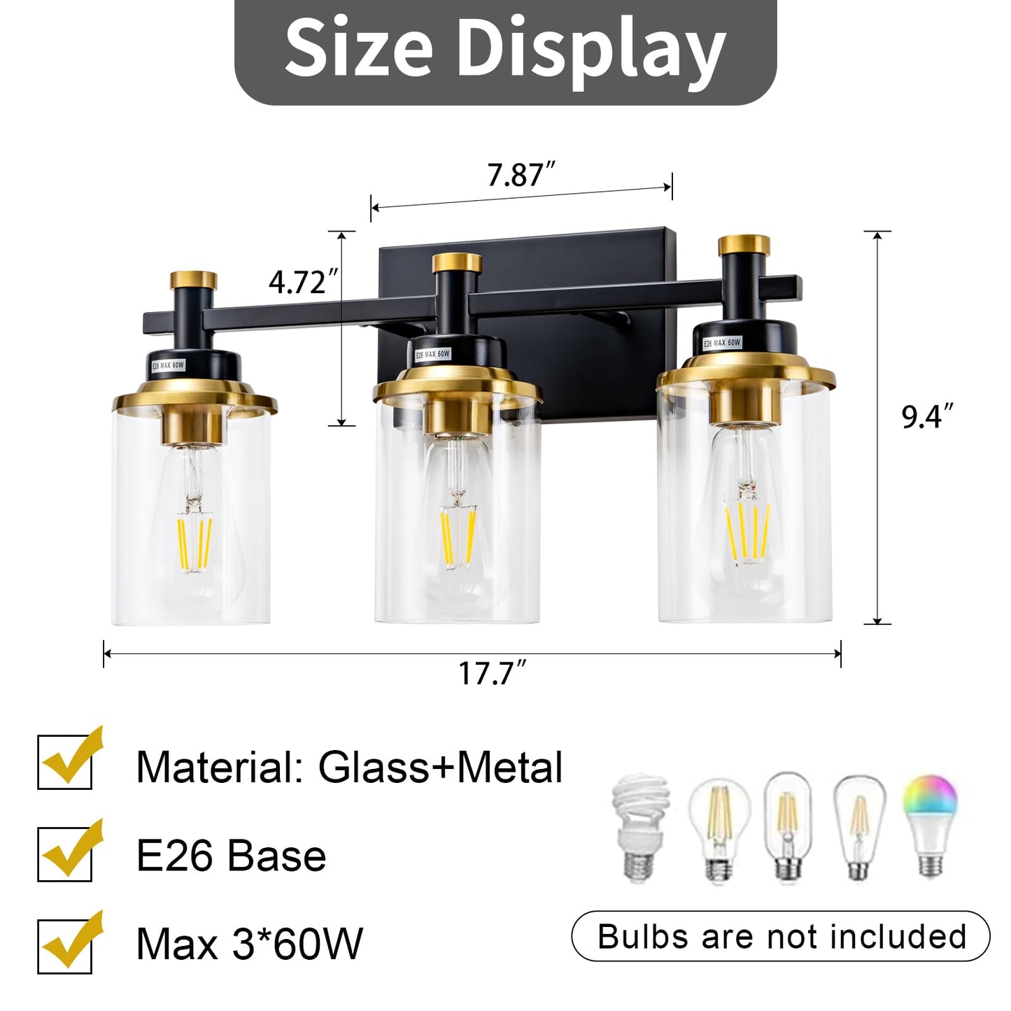 3 Light Bathroom Light Fixtures, Black and Brushed Gold Vanity Light Fixture Over Mirror, Modern Wall Sconces Lighting Wall Lamp for Bathroom, Bedroom, Hallway with Clear Glass Shade