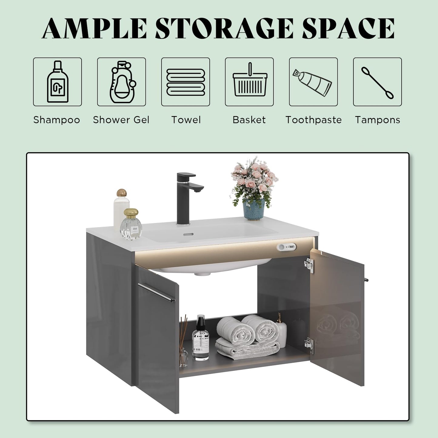 AMERLIFE 31" LED Floating Bathroom Vanity with Sink, High Gloss Single Sink Wall Mounted Bathroom Storage Vanity Cabinet, Modern Bathroom Sink Cabinet with Metal Handles, White