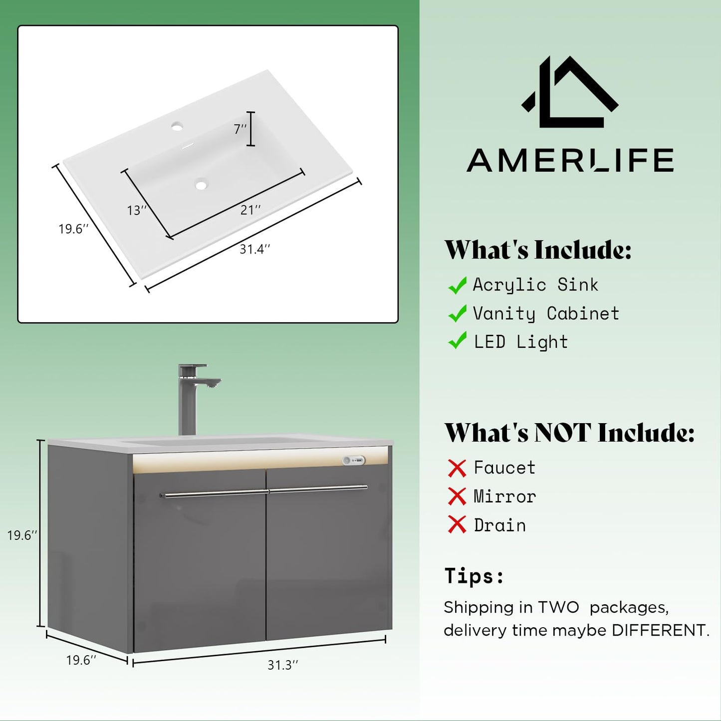 AMERLIFE 31" LED Floating Bathroom Vanity with Sink, High Gloss Single Sink Wall Mounted Bathroom Storage Vanity Cabinet, Modern Bathroom Sink Cabinet with Metal Handles, White