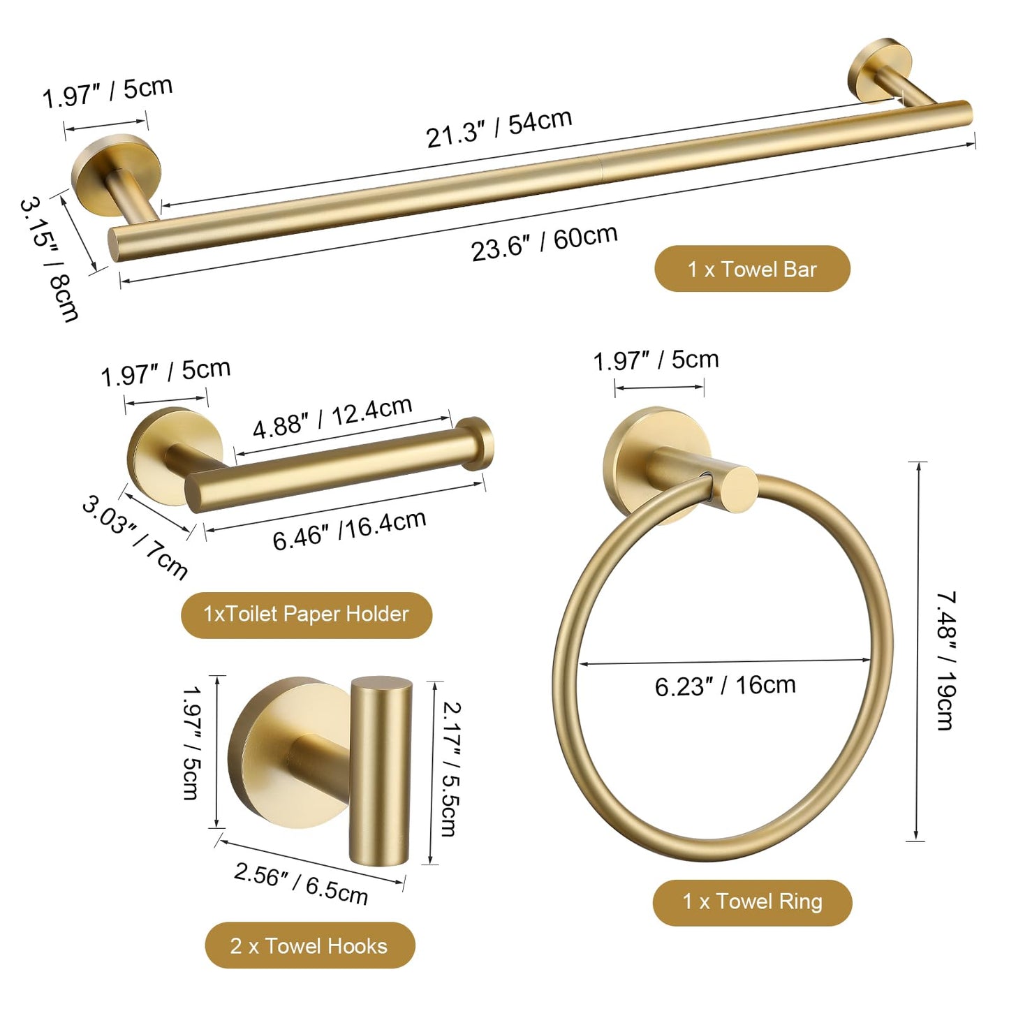 TURS Brushed Gold 5 Piece Bathroom Hardware Set, SUS304 Stainless Steel 24 Inch Bath Towel Bar Set, Round Bathroom Accessories Kit Wall Mounted