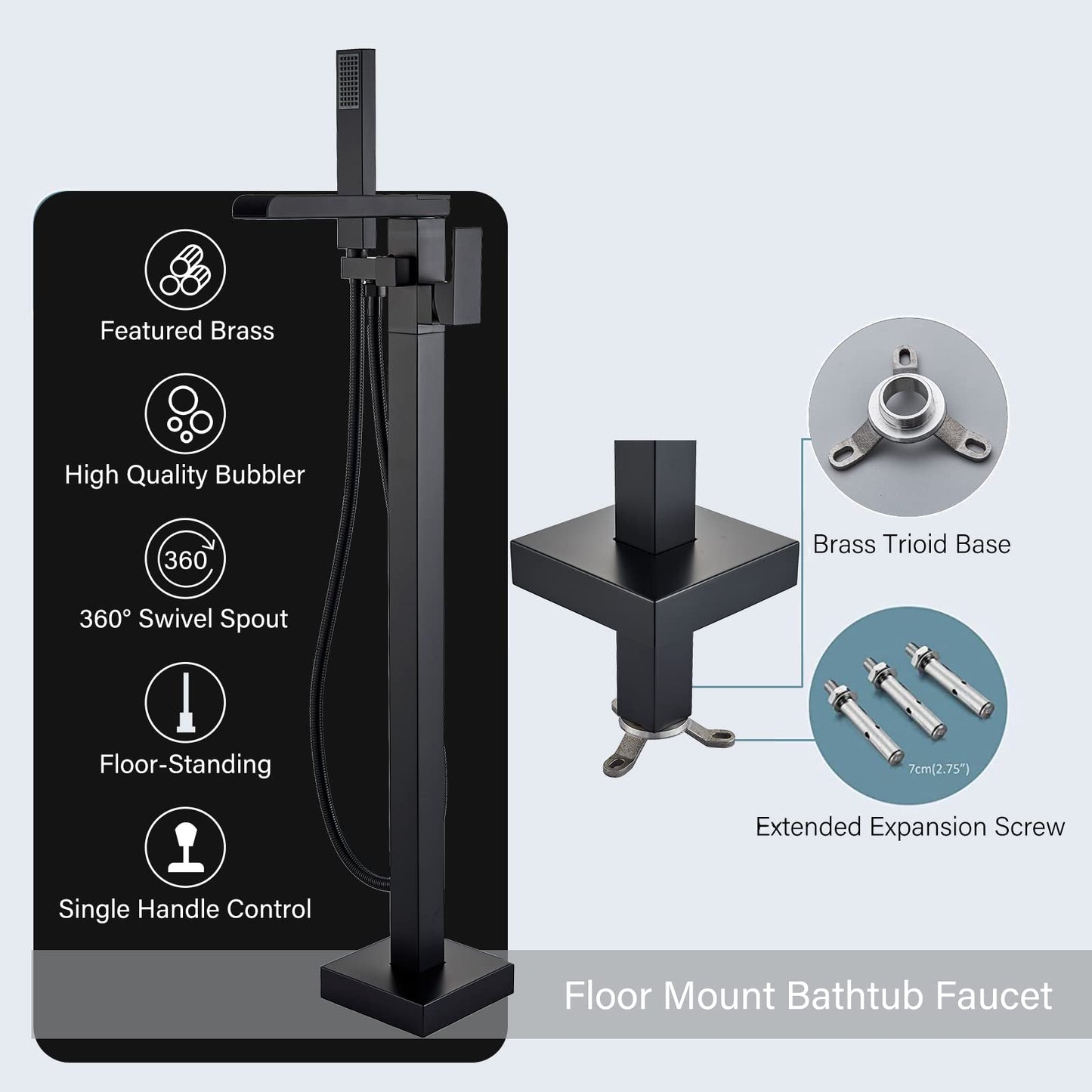YAGATAP Freestanding Bathtub Faucet Floor Mount Tub Filler Matte Black High Flow Shower Faucets with Handheld Shower Mixer Taps Swivel Spout
